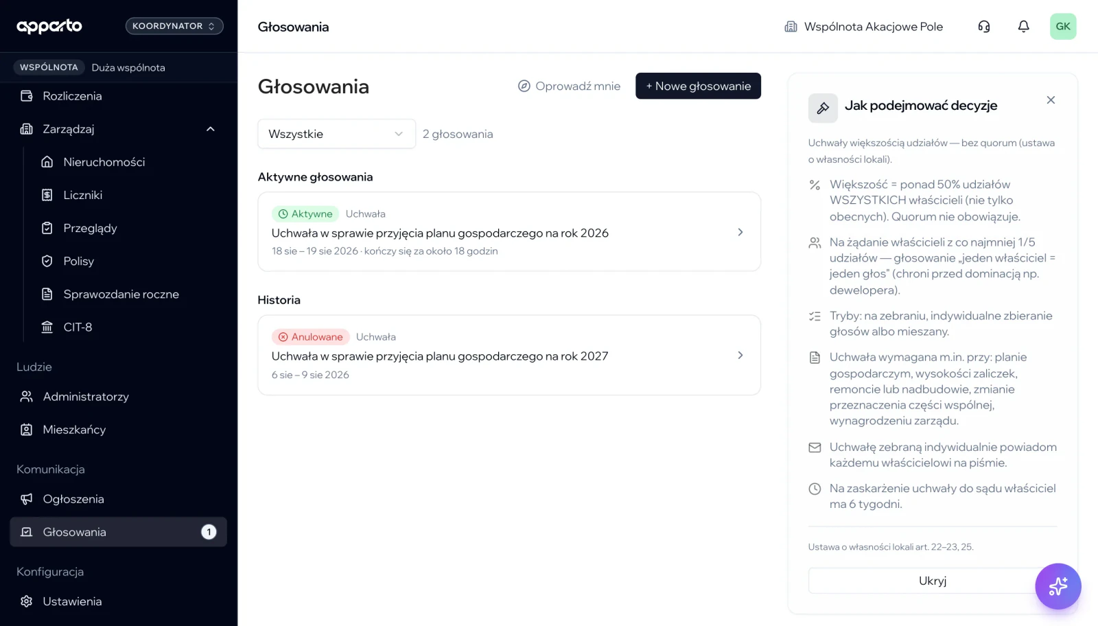 Panel administratora apparto — głosowania online z prowadzeniem wg ustawy o własności lokali