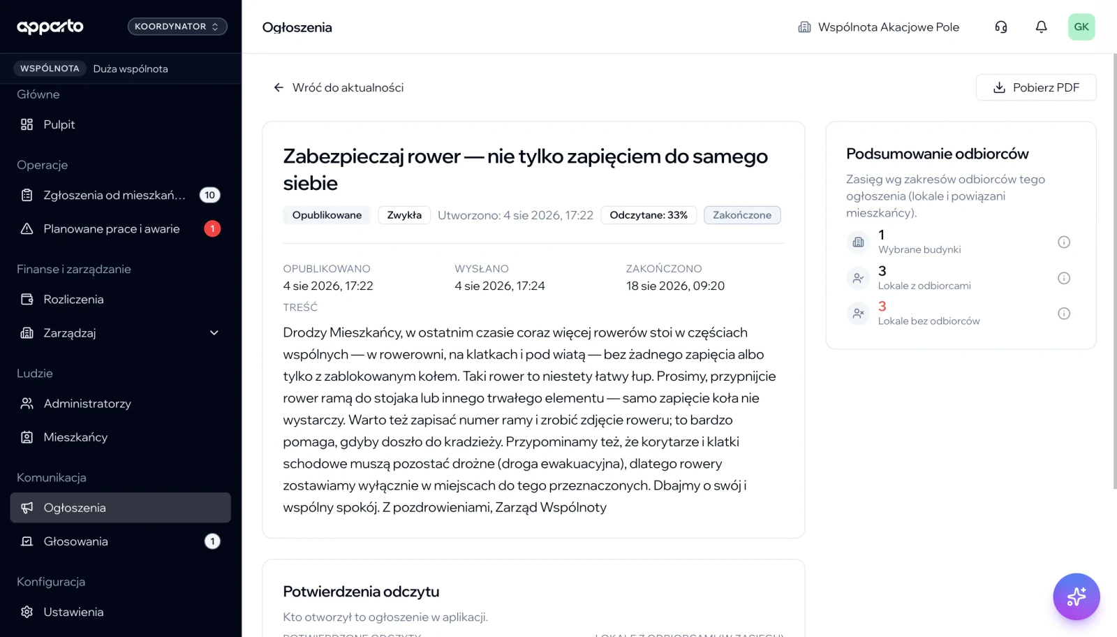 Panel administratora apparto — ogłoszenia dla mieszkańców z potwierdzeniem odczytu