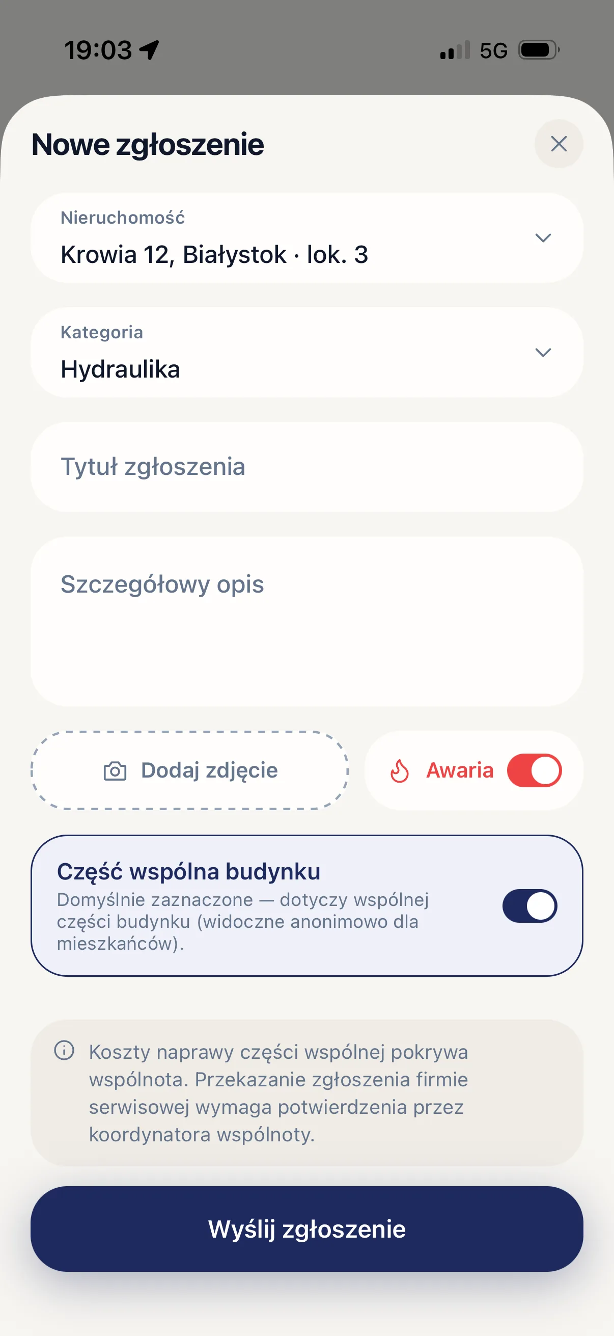 Aplikacja apparto — nowe zgłoszenie
