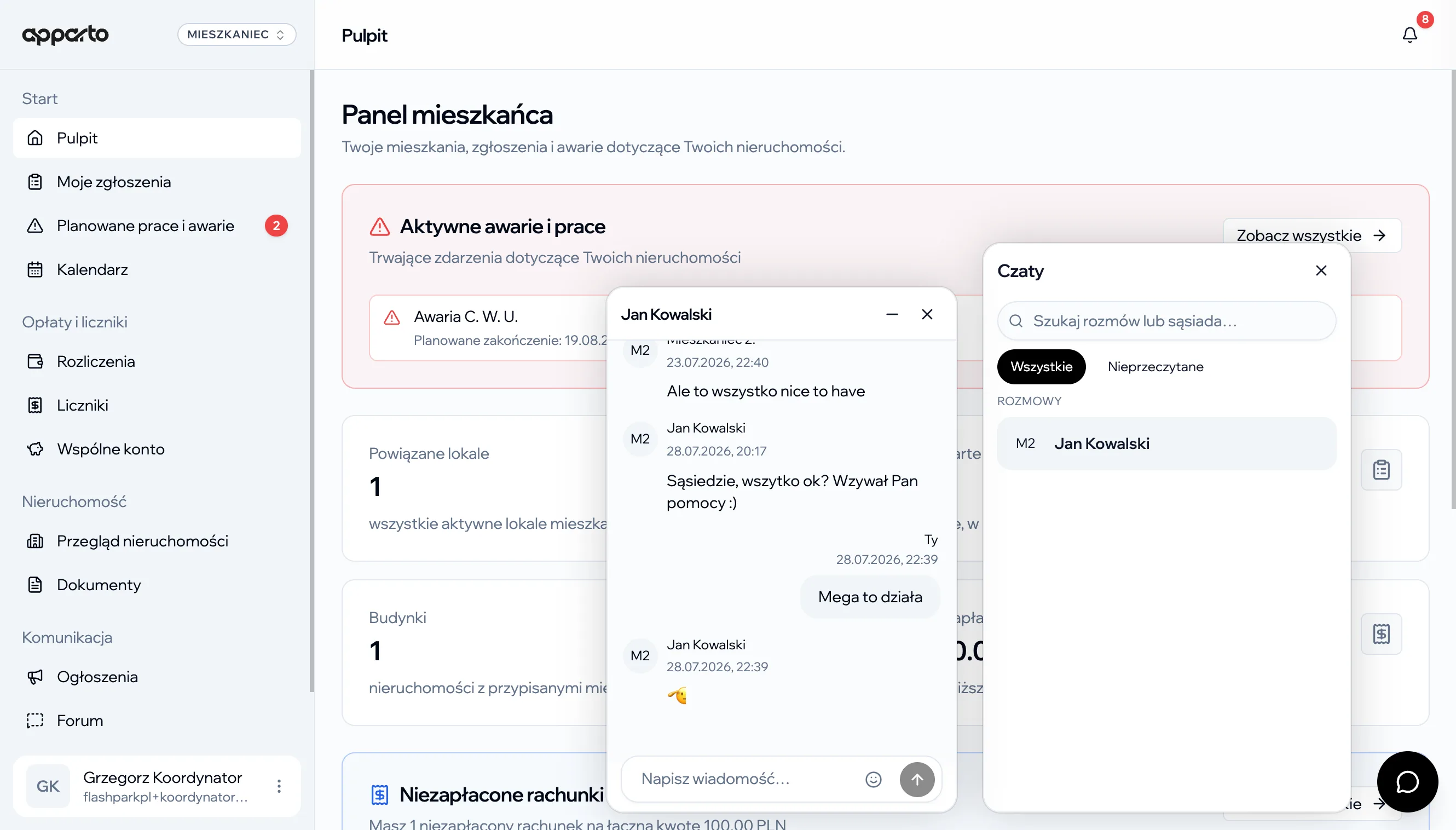 Panel mieszkańca apparto — czat między sąsiadami