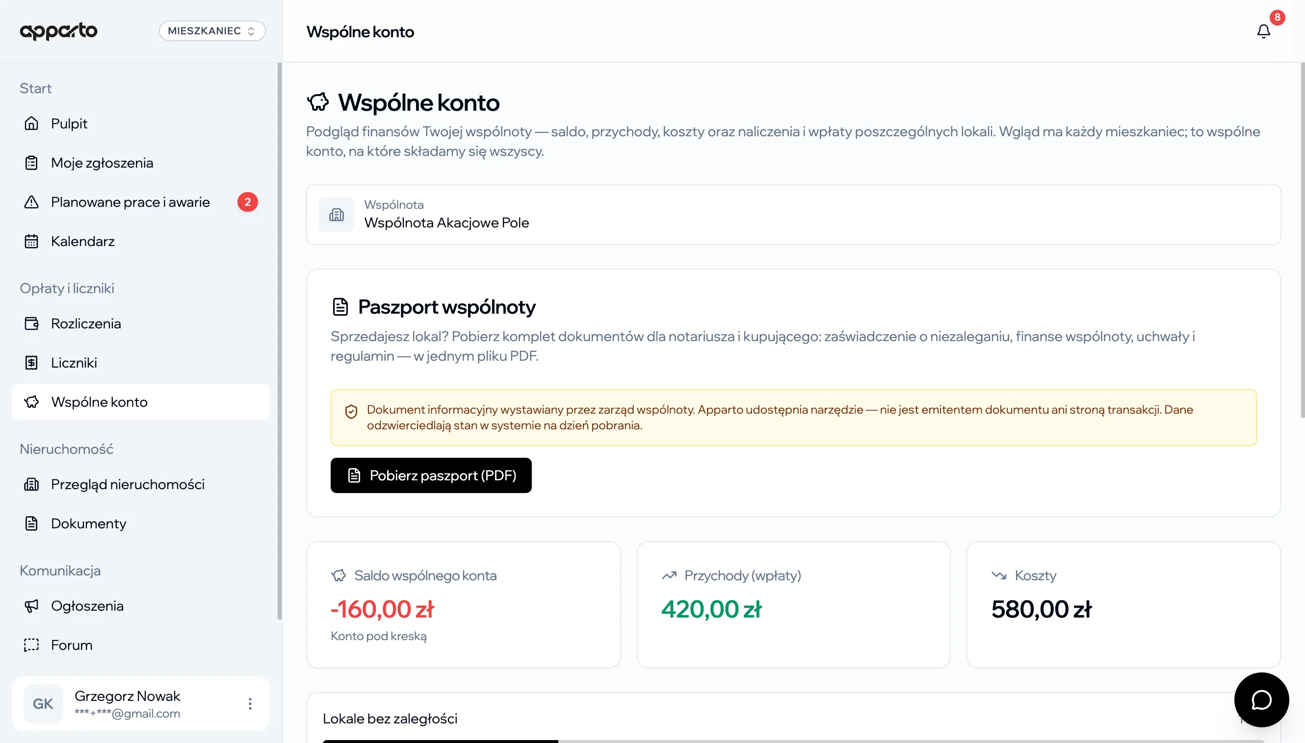 Panel mieszkańca apparto — wspólne konto i Paszport wspólnoty