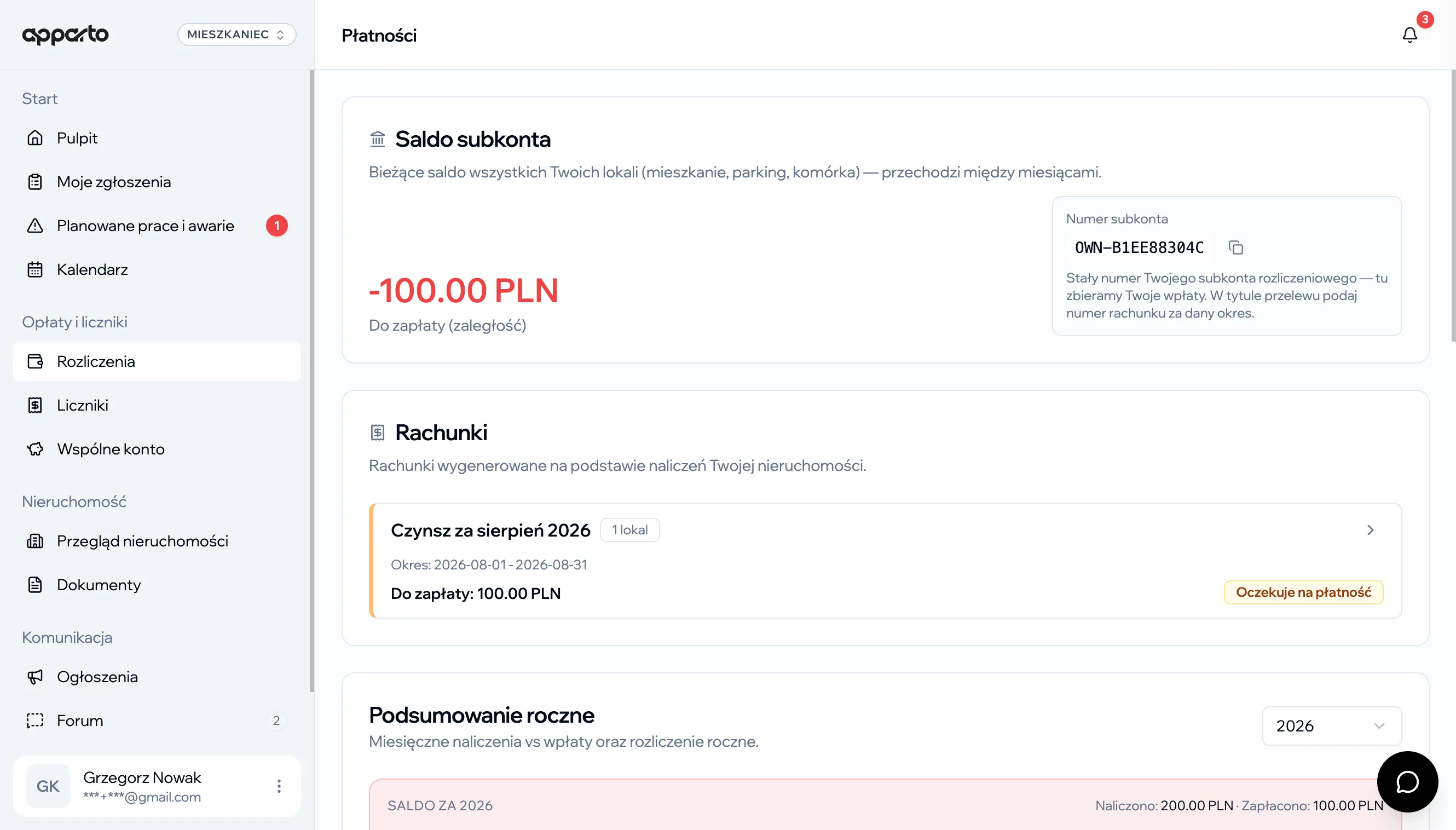 Panel mieszkańca apparto — płatności i saldo subkonta
