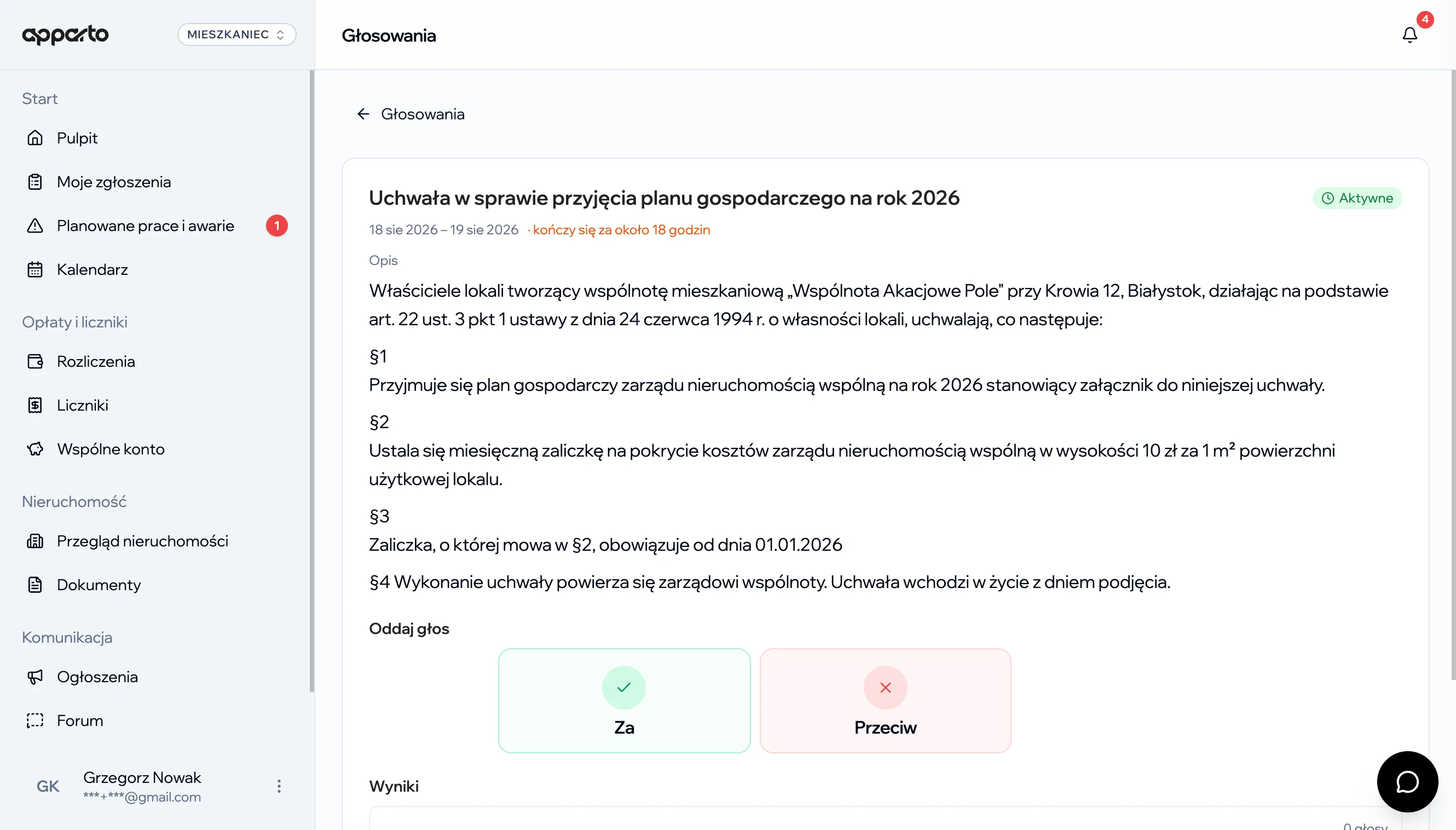 Panel mieszkańca apparto — głosowania